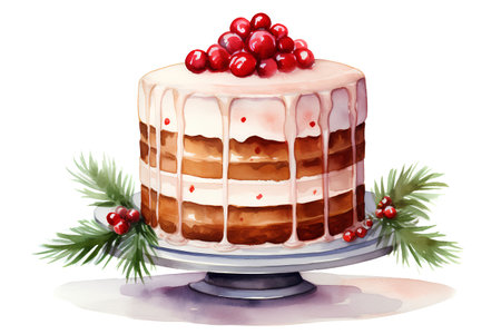 Watercolor Christmas cake with cranberries. Hand drawn illustration on white backgroundの素材