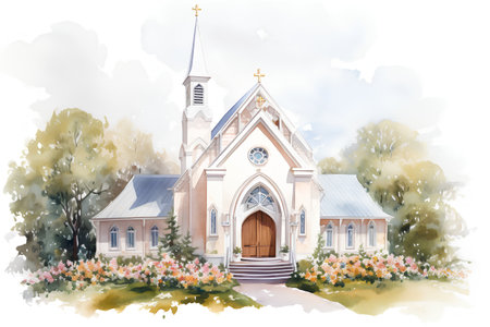 Watercolor illustration of a Catholic church in the forest. High quality illustrationの素材