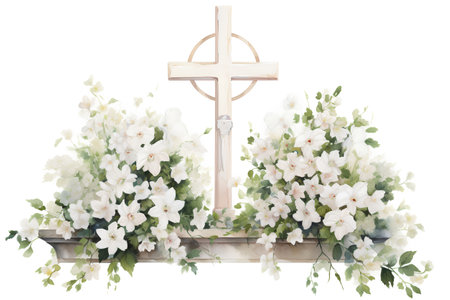 Cross with white flowers isolated on a white background. Watercolor illustration.の素材