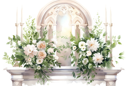 Wedding arch decorated with white flowers. Watercolor illustration.の素材