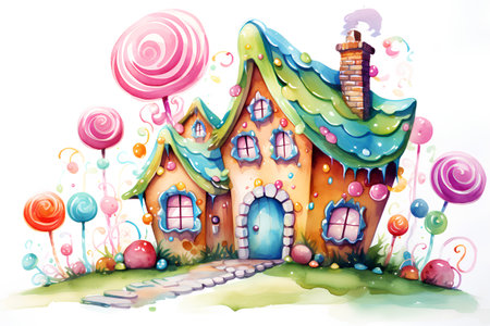 Cute cartoon house with candies. Hand drawn watercolor illustrationの素材