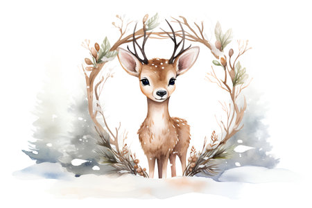 Watercolor illustration of a cute deer in winter forest. Hand drawn isolated on white backgroundの素材
