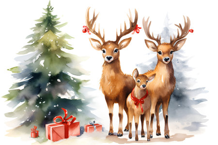 Watercolor Christmas greeting card with two deers and gift boxes.の素材