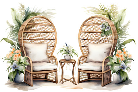 Comfortable rattan armchairs with flowers. Watercolor hand drawn illustrationの素材