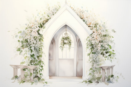 Wedding archway with white flowers. Watercolor illustration.の素材