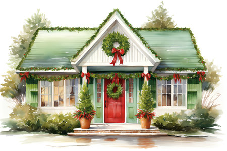Watercolor illustration of a house with christmas decorations on the front doorの素材