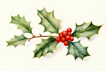 Watercolor holly branch with leaves and berries isolated on white backgroundの素材
