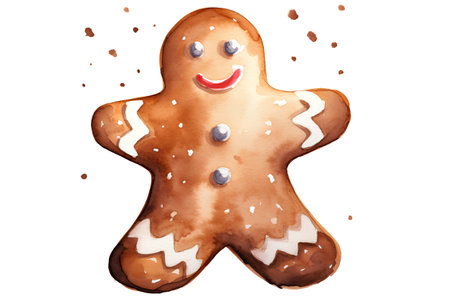 Watercolor gingerbread man isolated on white background. Hand drawn illustrationの素材