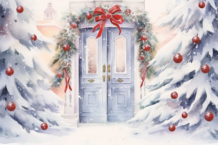 Winter door with Christmas tree and snowflakes. Watercolor illustration.の素材