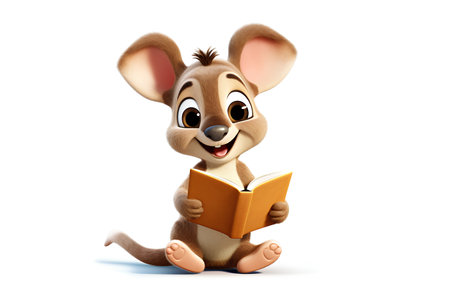 Cute cartoon kangaroo with a book isolated on white backgroundの素材