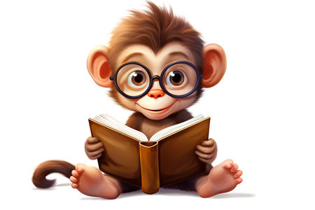 Cute monkey reading a book. Vector illustration isolated on white background.の素材