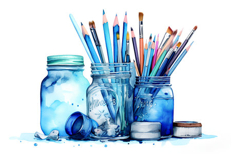 Watercolor set of brushes and paints in a glass jar on a white backgroundの素材