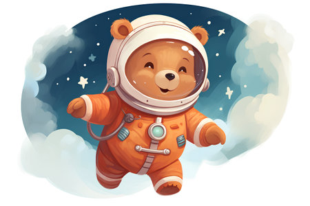 Cute cartoon bear astronaut in spacesuit on the background of the night sky. Vector illustrationの素材