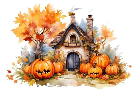 Halloween house with pumpkins. Watercolor illustration isolated on white backgroundの素材