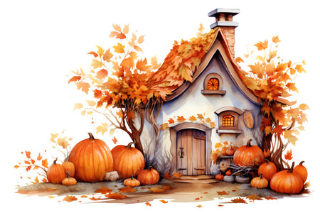 Autumn house with pumpkins. Watercolor illustration isolated on white backgroundの素材