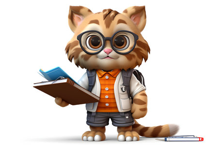 3d Render of Cute cat cartoon character with book and penの素材