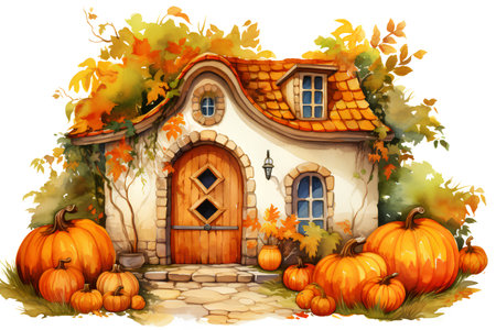 Autumn house with pumpkins. Watercolor hand drawn illustration.の素材
