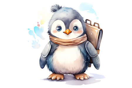Cute cartoon penguin with a suitcase. Watercolor illustration.の素材