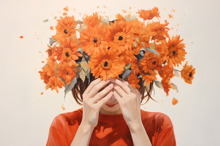 Young woman covering her face with bouquet of orange gerbera flowersの素材