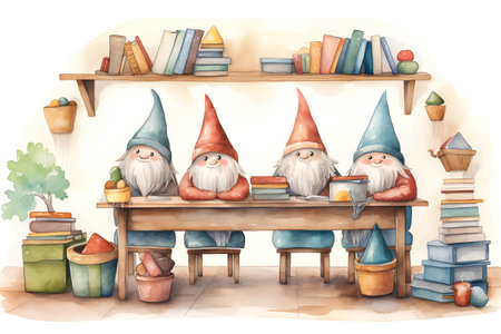 Watercolor illustration of gnomes sitting at the table and reading booksの素材