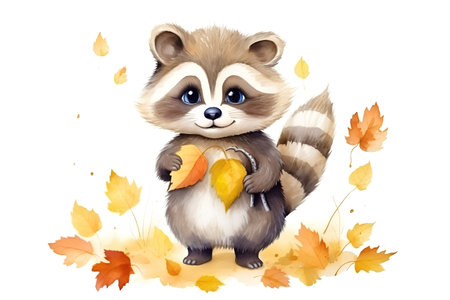 Cute raccoon with autumn leaves isolated on white background. Watercolor illustration.の素材