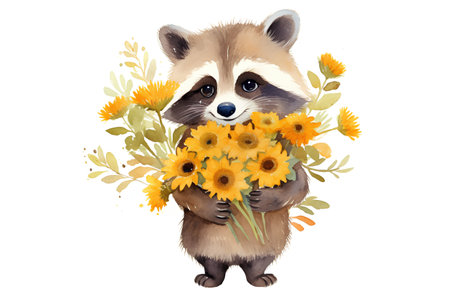 Watercolor raccoon with bouquet of sunflowers. Isolated on white background.の素材