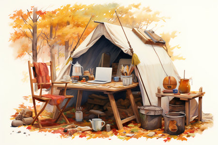 Illustration of a tent and camping equipment in the autumn forest.の素材