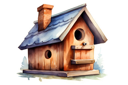 Watercolor wooden birdhouse. Hand drawn illustration isolated on white backgroundの素材