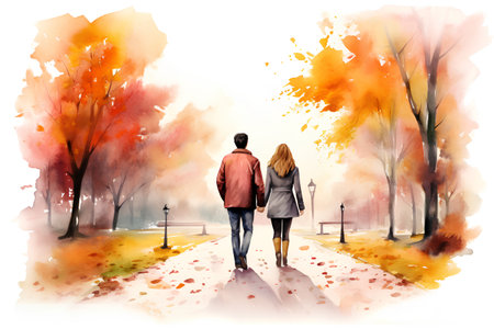 Back view of young couple walking in autumn park. Watercolor paintingの素材