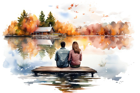 Young couple sitting on a pier in the autumn forest. Watercolor paintingの素材