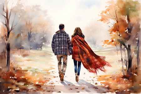 Young couple walking in autumn park. Digital watercolor painting illustration.の素材
