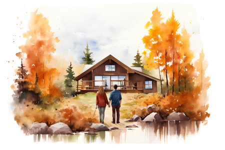 Watercolor illustration of a couple standing in front of a log house.の素材