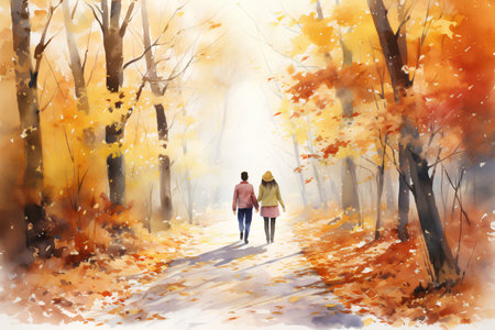 Young couple walking in the autumn forest. Watercolor painting illustration.の素材