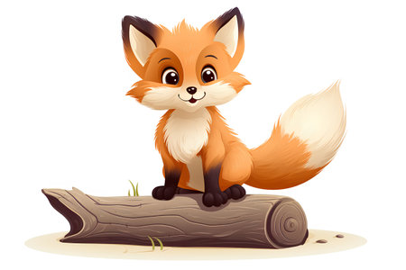 Cute fox sitting on log isolated on white background. Cartoon vector illustration.の素材
