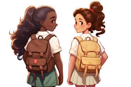 Two schoolgirls with backpacks. Back to school. Vector illustrationの素材
