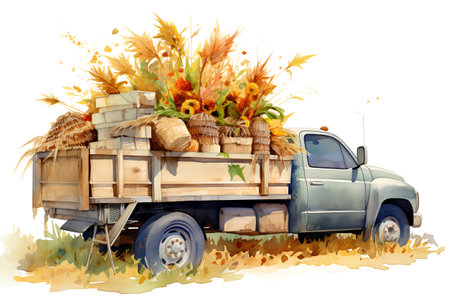 Hand drawn illustration of a truck with a haystack full of sunflowersの素材