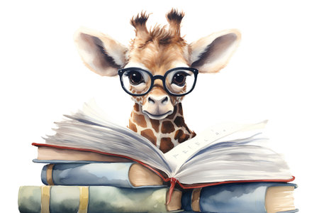 Cute giraffe with glasses and books. Watercolor illustration.の素材