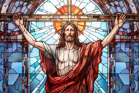 Jesus Christ on the cross in the stained glass window of the churchの素材