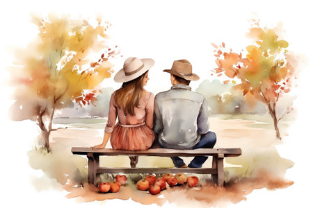 Watercolor illustration of a couple sitting on a bench in autumn parkの素材