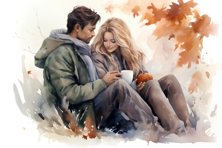 Couple in love drinking coffee on autumn leaves background. Watercolor paintingの素材