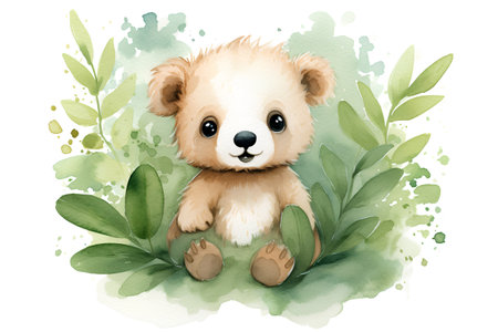 Cute teddy bear with green leaves. Watercolor illustration.の素材