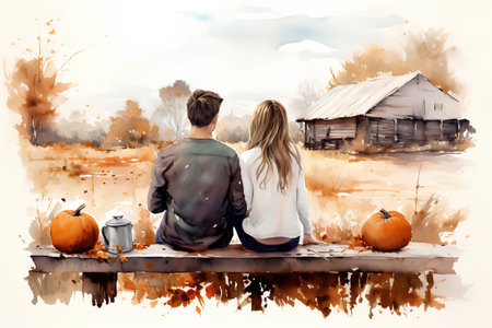 Young couple sitting on a bench with pumpkins. Watercolor paintingの素材