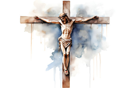 Crucifixion of Jesus Christ on the cross with watercolor backgroundの素材