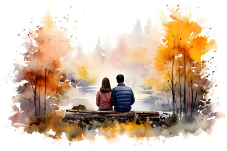 Young couple sitting on a bench in the autumn forest. Digital watercolor paintingの素材