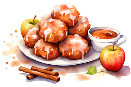 Watercolor illustration of apple cakes and cup of coffee. Delicious dessert.の素材