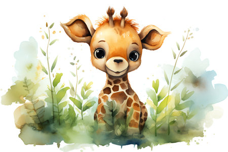 Cute giraffe in the grass. Watercolor hand drawn illustrationの素材