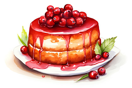 Cake with berries. Watercolor illustration isolated on white background.の素材