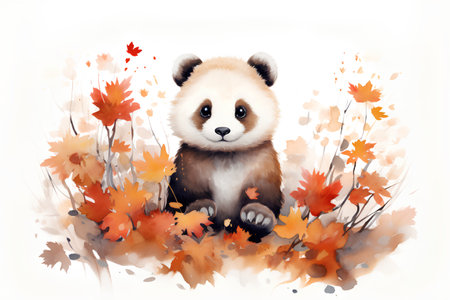 Cute panda bear sitting in autumn leaves. Watercolor illustration.の素材