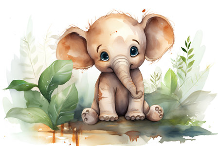 Cute baby elephant in the jungle. Watercolor hand drawn illustrationの素材
