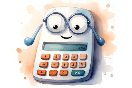 cartoon happy calculator with glasses on white background, watercolor illustrationの素材